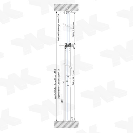 Angular single acting door frame, for ISO 20 mm glass