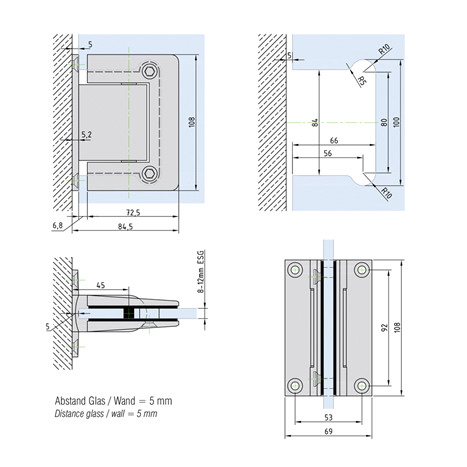 Hydraulic hinge pair for swing door, glass-wall
