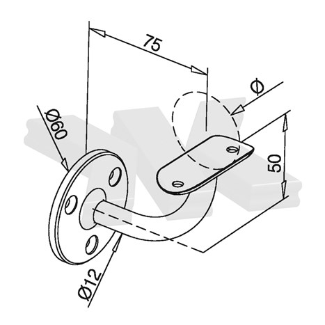 Handrail bracket for wall mounting, Ø 12 mm, rigid